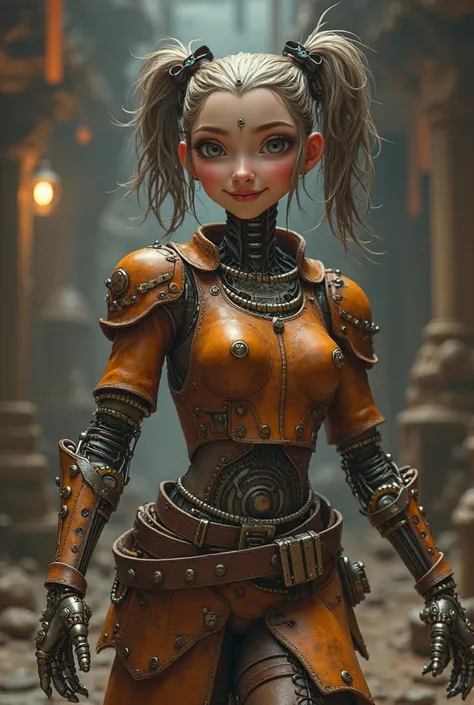 female robotic automaton character, mechanical steampunk features, pigtails hairstyle, joyful and smiling, dungeons and dragons leather armor, robotic arms, realistic