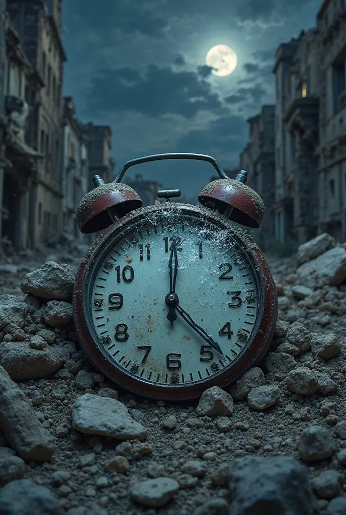 “A professionally designed digital illustration in a realistic style. A broken clock of normal size, displaying only the numbers 12, 3, 6, and 9, lies among the debris of a collapsed concrete house after an earthquake. The clock’s glass is completely crack...