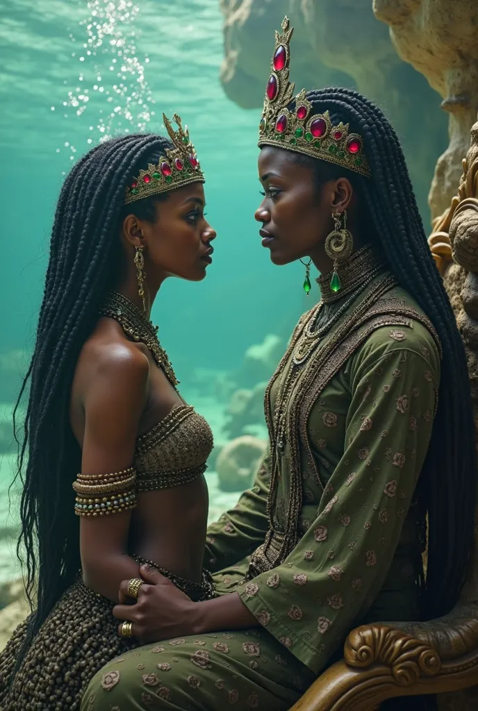 photo d'une  sirène africaine de 50 ans, au teint d'ébène, aux yeux verts, une queue noire,  longs cheveux gris .  Elle porte une couronne faite de corail et tient un grand sceptre avec une pierre rouge dessus . Elle est assise sur son trône dans le royaum...