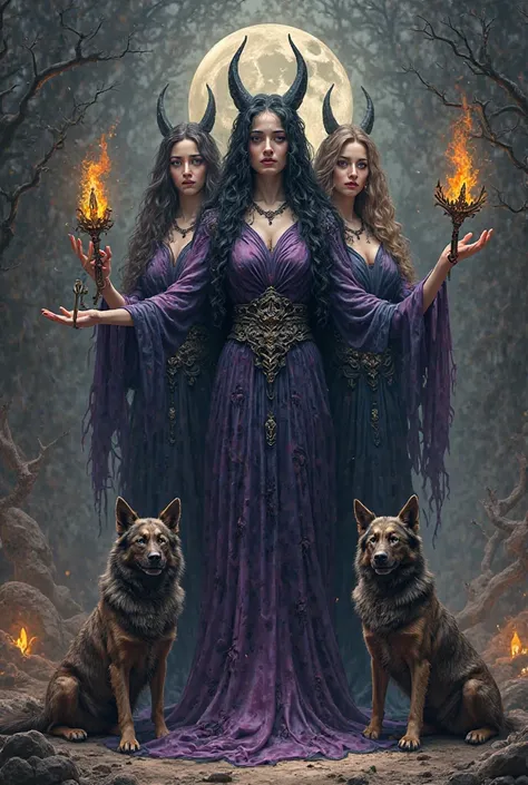 Make an image of the goddess Hecate triple. Hold daggers, torches and keys. At your feet dogs. Your dress is in purple colors, Blue and black