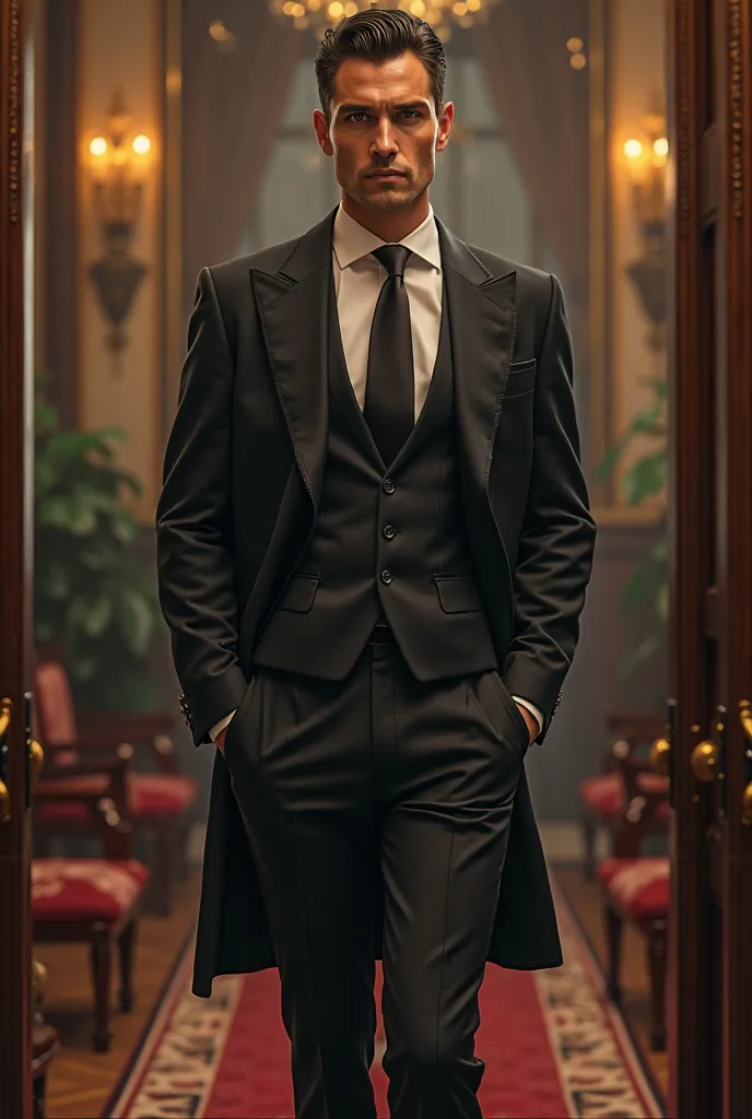  Tall man , strong, wearing suit and dress,  elegant and stylish  , with the characteristics of actor Aleksa Gravilovic 