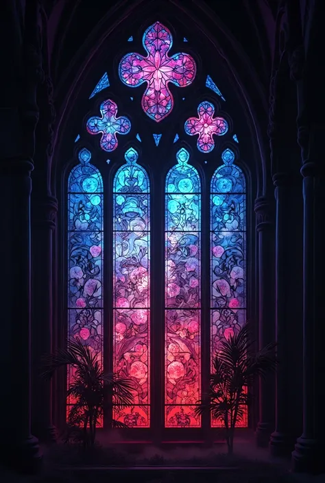 1. "Gothic stained glass window in the style of a medieval cathedral, divided into segments of deep colors: blue, purple,  red. x} In the center is glowing text, written in Gothic, surrounded by patterns of roses, pointed arches and angels.  The background...