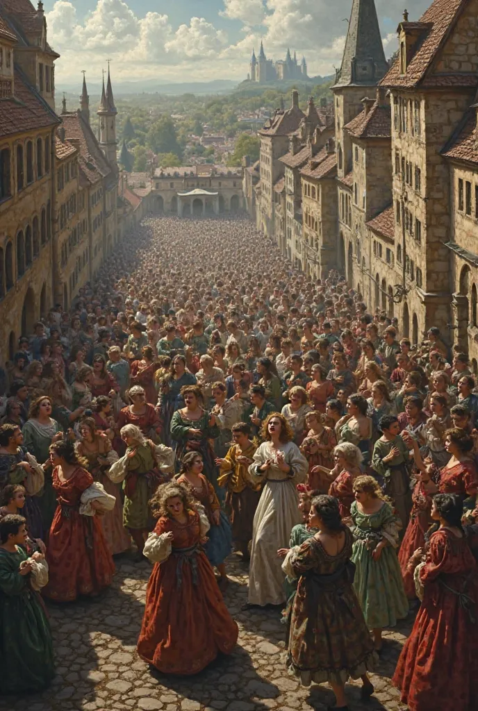 "A historical scene from the Middle Ages depicting the Dancing Plague. People in Renaissance costumes dance frantically in a medieval European city, with expressions of despair and exhaustion. The