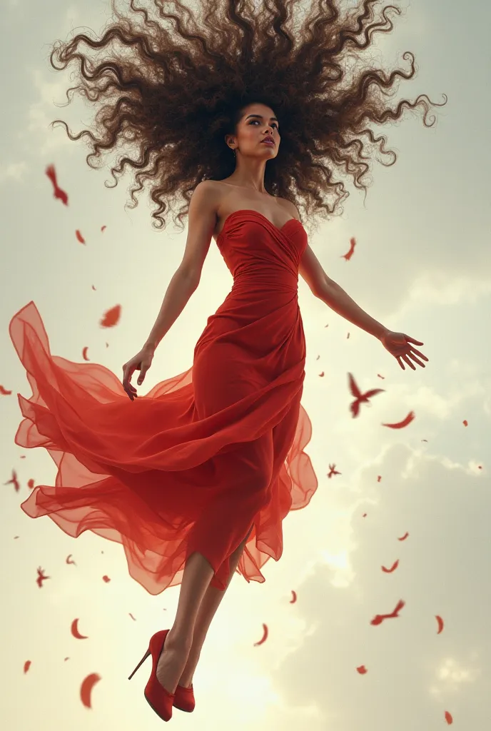 image of a woman with curly hair falling from the sky, reaching out as if she's trying to catch something while wearing a red armless dress and heels. with a plain background