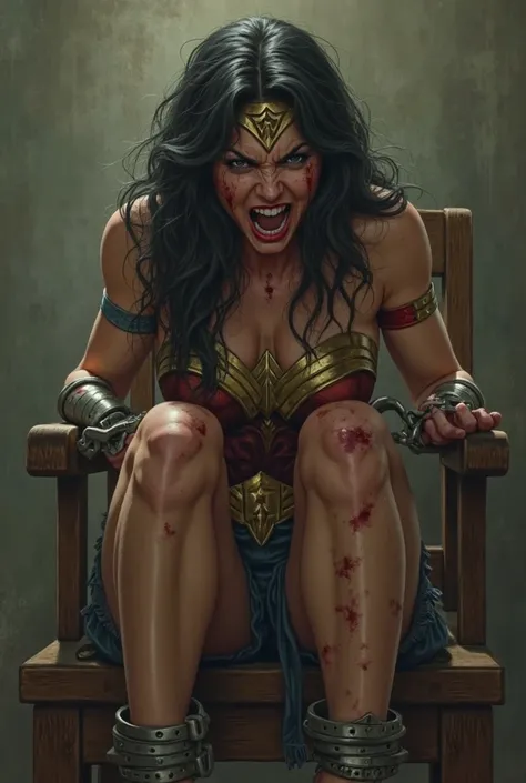 Wonder Woman screams and cries a lot, With her face full of tears. is sitting on a wooden chair. Your hands are tied to the armrests of the chair. Her feet are handcuffed. She's totally immobilized. She wears tight shorts and has cuts on her thighs.