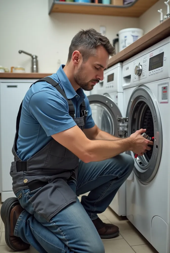  Image of a 35-year-old man , dressed in clean and functional work clothes, he is kneeling in front of a washing machine front loading in a laundry room. He is manipulating the connection of the drain hose, with a small visible water leak.  His expression ...