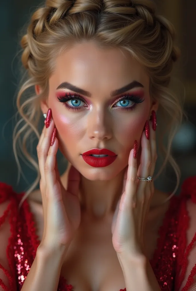 Russian woman , intimate , face blush , braid hair, feeling excited, face looks straight at the camera,Close-up the fantastic myth of the beautiful drag queen , whose face is created by a luxurious fantastic style , details plump face beautiful and gracefu...