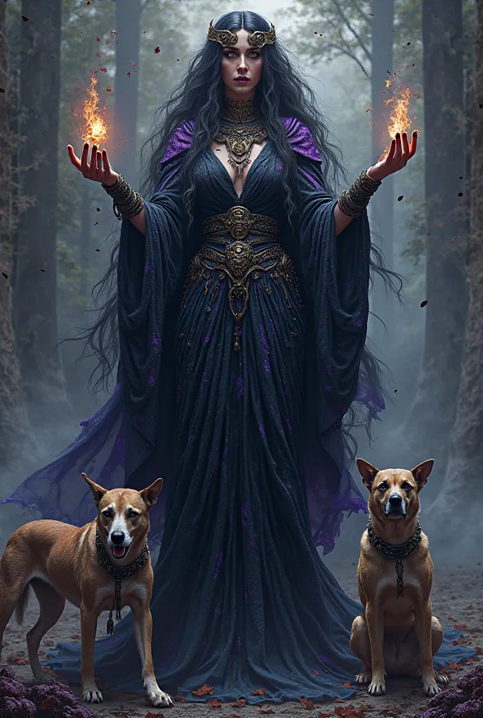 Goddess Hecate triple. Hold daggers, torches and keys. At your feet dogs. Your dress is in purple colors, Blue and black