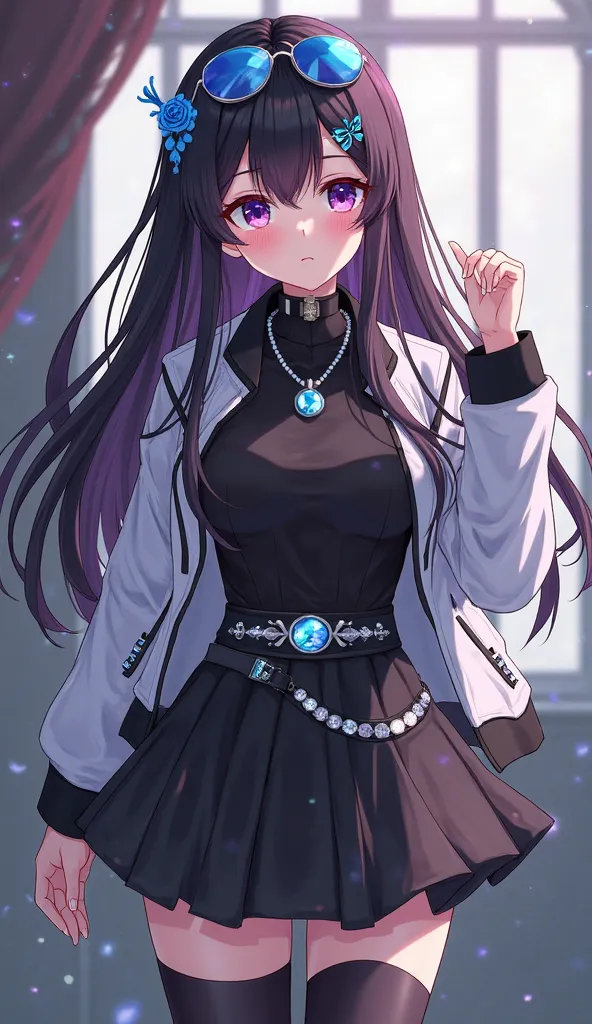 Anime girl, black maroon highlight long hair, violet iris, blue rose hairpin, blue shades on head, black undershirt, white with black sleeves jacket, blue pendant diamonds, silver belts waistband, black stylist skirt, long black high thigh stockings, black...