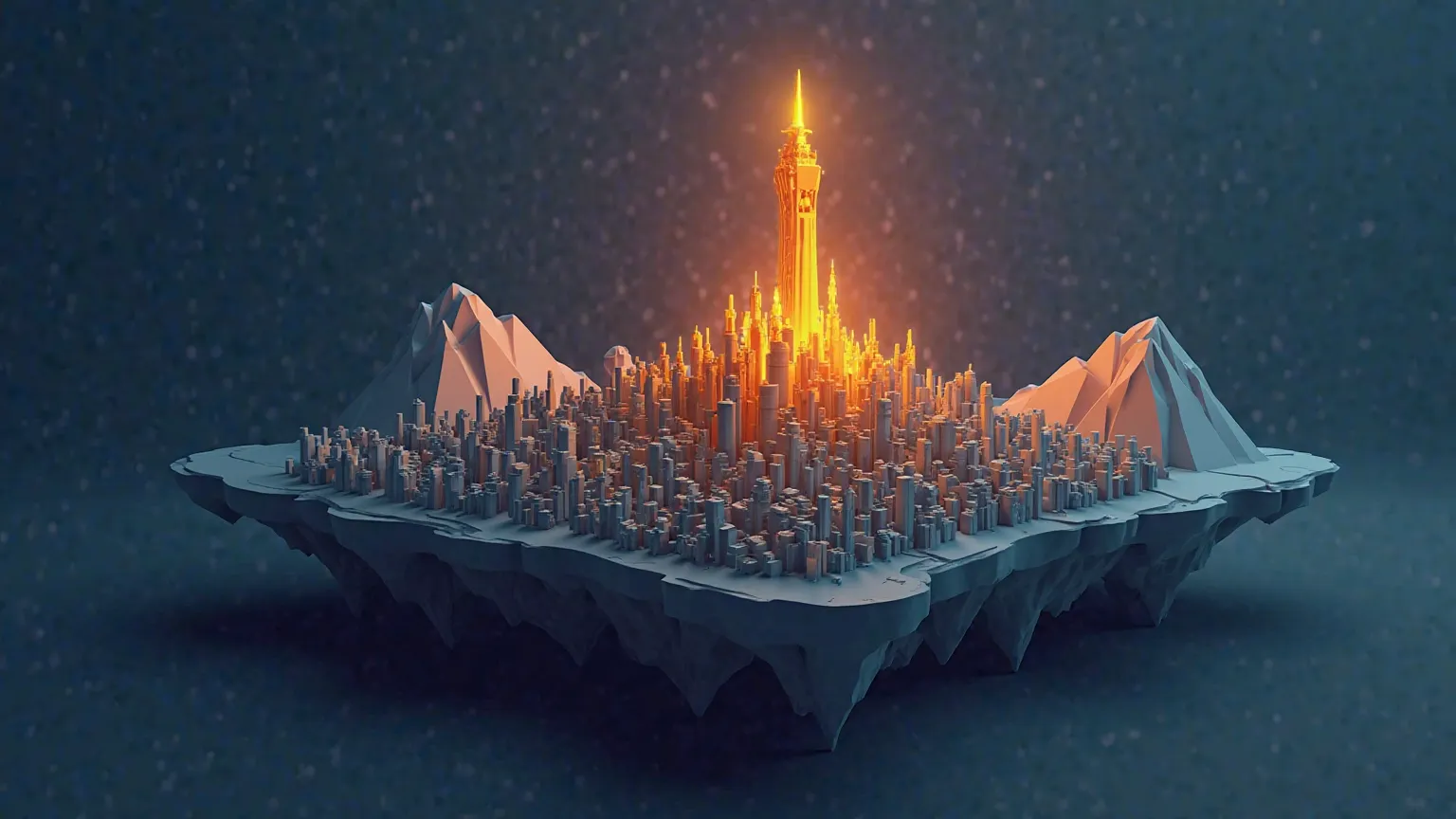 The image is stylized, 3D futuristic city, located on the surface of, structure resembling a shield or a giant crystal. The city consists of many small, geometric buildings, combined into a single structure,  , creating the impression of complex architectu...