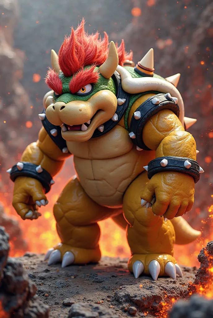 A humanoid hybrid creature with the upper body of Bowser (his spiked shell, fiery breath, and fierce expression) and the lower body of an elephant (powerful legs and a long trunk). His eyes glow with a bright orange light, and his fiery breath crackles wit...