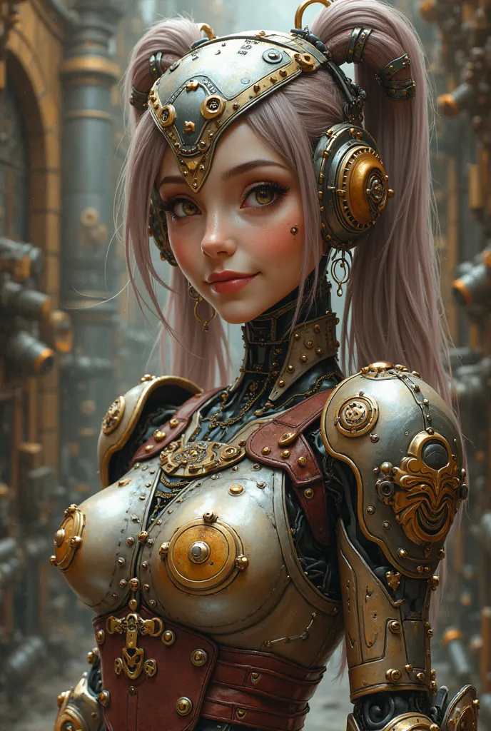 female robotic character, mechanical steampunk features, pigtails hairstyle, joyful and smiling, dungeons and dragons leather armor, robotic arms, realistic