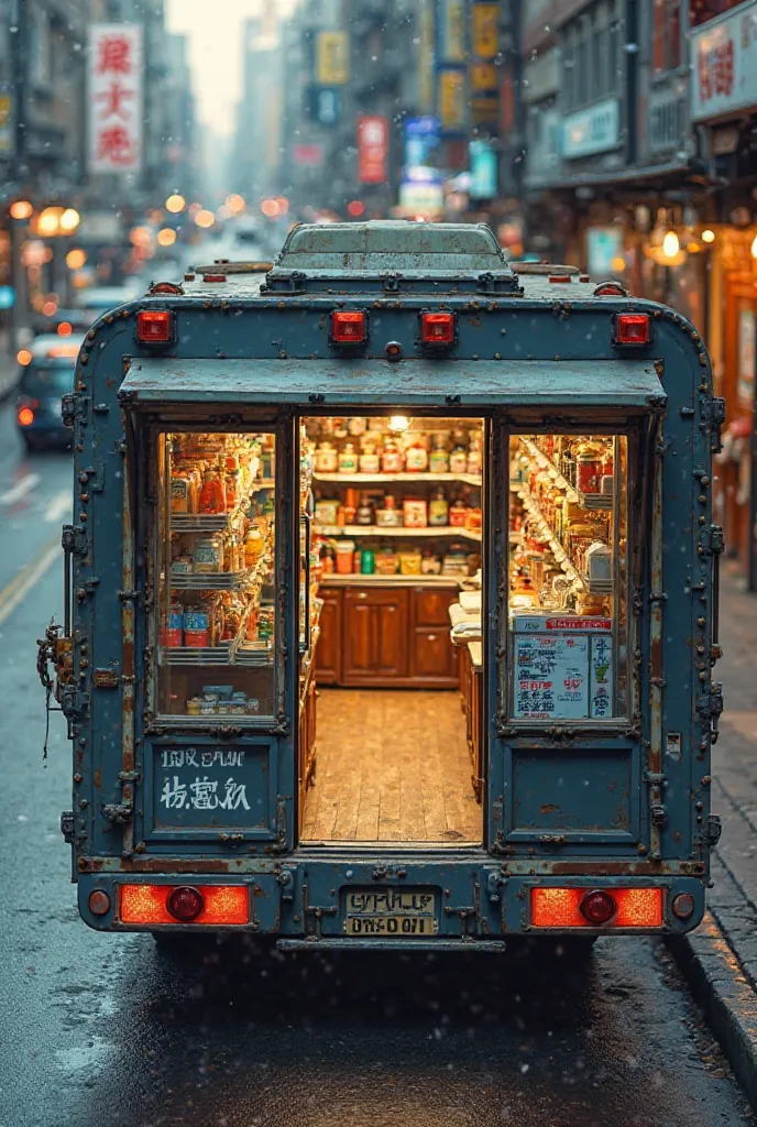 Large truck converted into a supermarket with shelves, shelves , a small refrigerator and a window for customer service seen from above