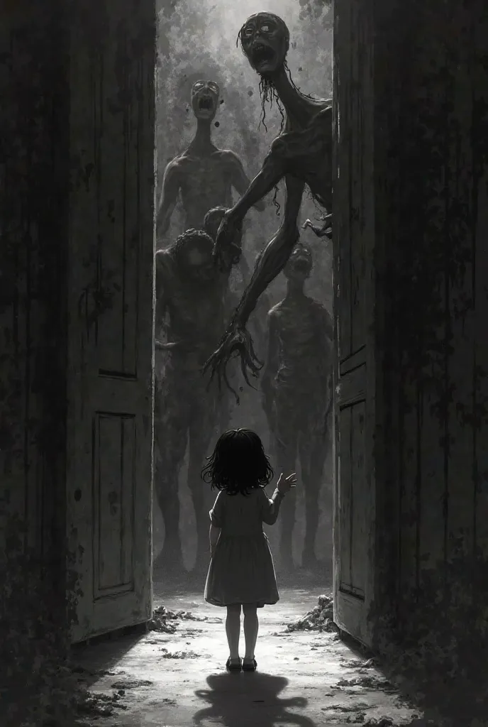 Shadows with deformed faces emerge from the walls, Touching Clara (dark-haired young girl).
Black and white
Anime style 