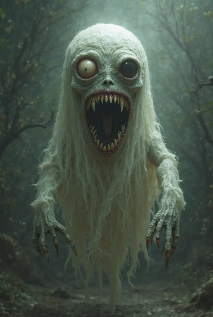 A very scary ghost with its head upside down. It floats and has no feet. It has one eye in the face and one eye in its chest. It has skin that covers sunlight, its teeth are scary and it has claws instead of fingers 