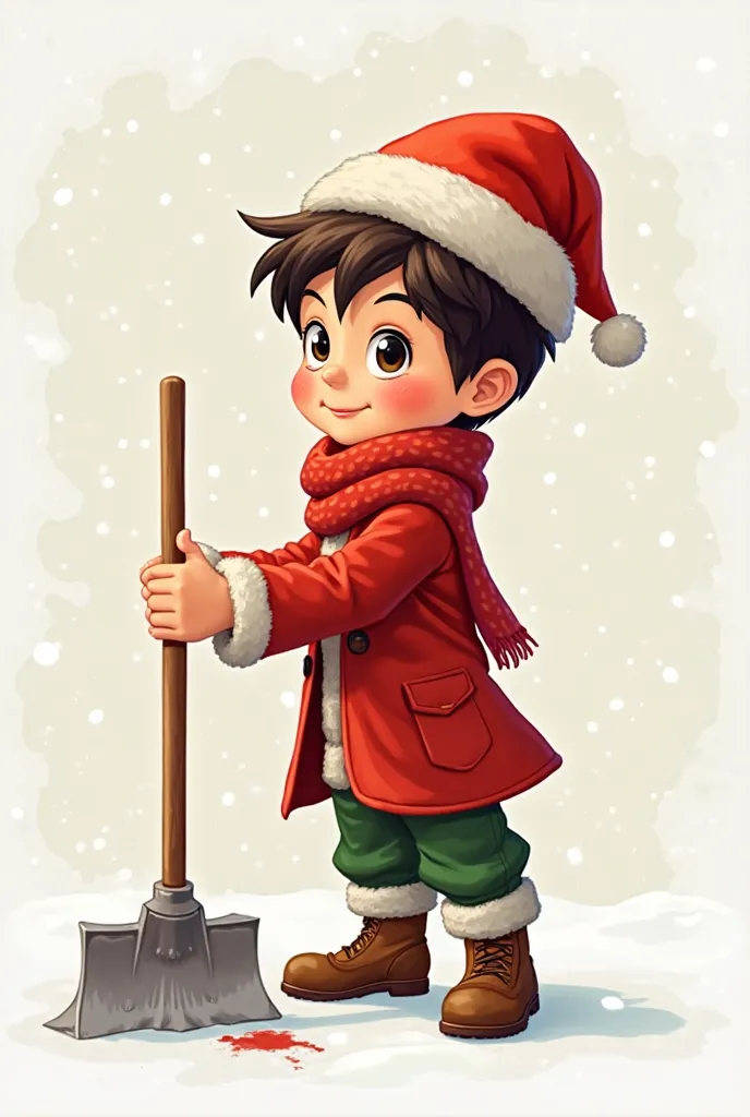 Create a Disney cartoon style drawing of a boy. He wears a Santa Claus hat, dark brown hair and a red scarf, both evoking a Christmas spirit. Wear a red coat , green pants and brown boots, which adds a festive touch, That he is cleaning