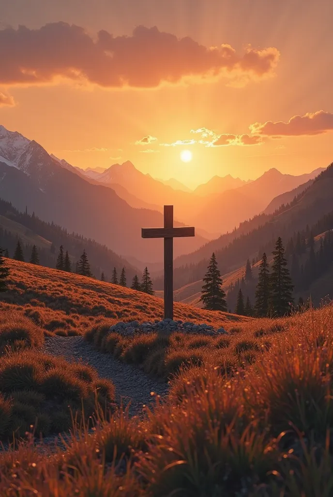 Earthen fields with a mountain and the setting sun in the background, In the mountains a cross