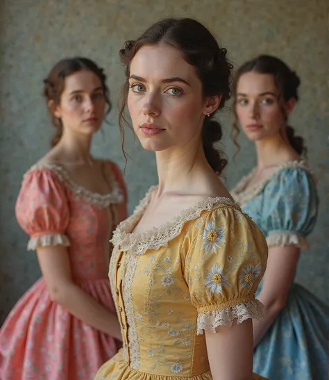 Create individual photos of young women from the year 1800, One with the green dress, The other one in yellow, The other black and one in blue