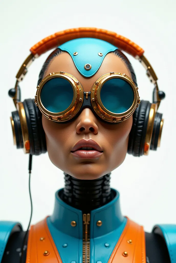 A photorealistic, cinematic photograph of a steampunk-inspired afro-futuristic robot with a feminine appearance, captured in a vibrant and stunning frontal portrait. The robot's face is symmetrical, with a prominent pair of goggles that completely cover it...