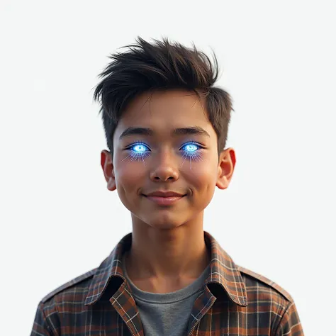 young Bolivian man standing, half tilted , looking straight ahead, dressed in a plaid shirt, circuit with lenses in the eyes, holding a,  smiley expression ,  On a white background 