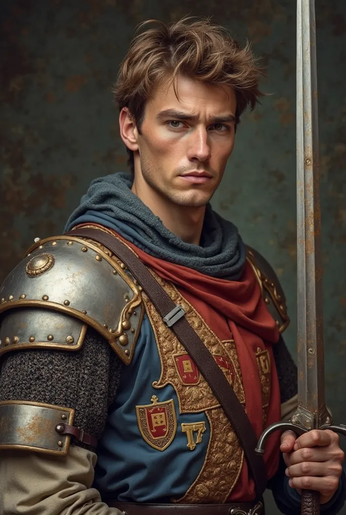 Medieval soldier with a 30-year-old appearance. Brown hair and short size. brown eyes, fair skin, brave facial expression. On the clothes a coat of arms written TPBR. Strong-looking soldier wielding a sword