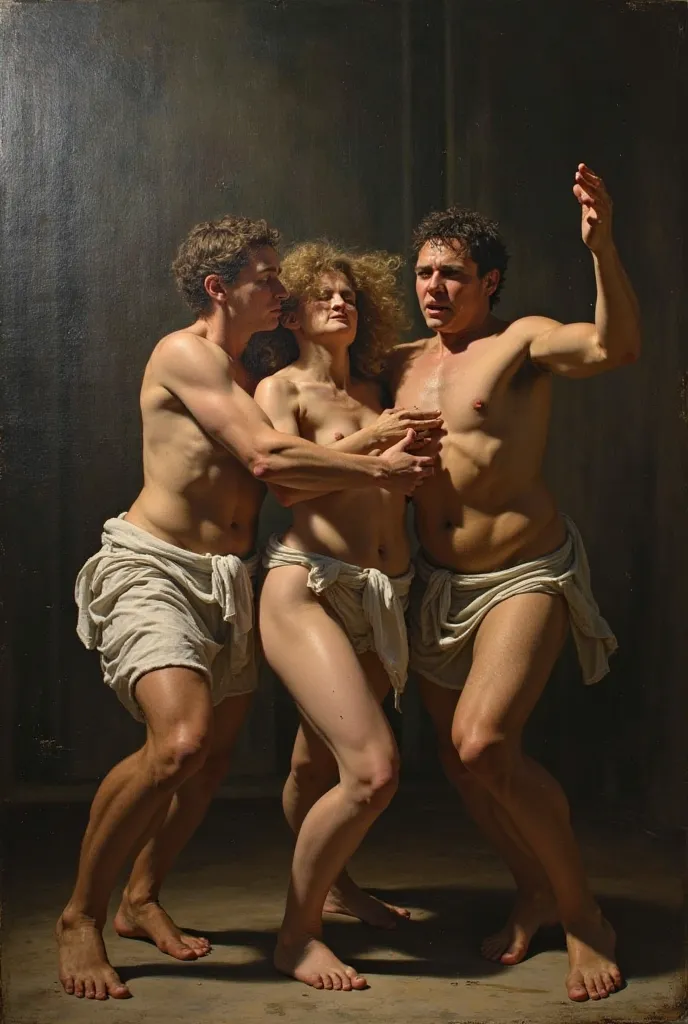 Create the image of a monumental work depicting the twin brothers Castor and Pollux capturing Hilária and Phoebe using violent means with the intention of undermining their sexual freedom.  I want this work to be characterized by visceral realism ,  dramat...