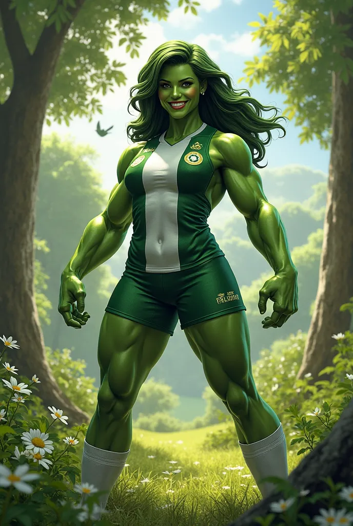 "Generate an image of She-Hulk dressed in the Palmeiras soccer jersey. She should be showing off her impressive green muscles with a confident smile, standing in a lush green park."