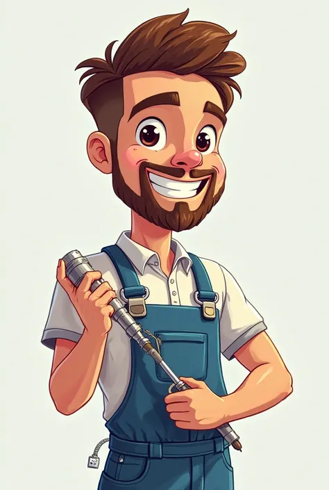 Cartoon of a young brunette with a closed beard refrigeration technician with a handpiece in his hand modeling towards the camera 