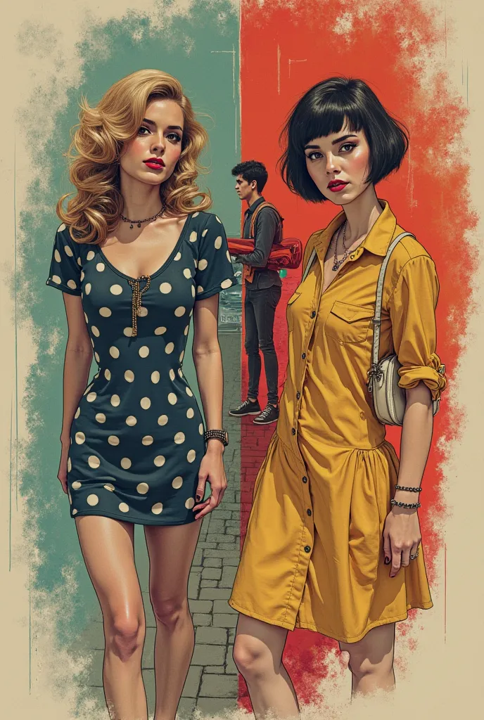 Make an image: With pencils or for me to go around and go over!!!

 Composition suggestion :

• Left side: The woman in the 60's or 70's, with clothing and hairstyle characteristic of the time (Example:  voluminous hair ,  polka dot dress ,  retro makeup )...