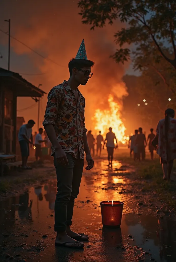 The atmosphere at the scene of the house fire, the house fire is visible, people are visible carrying water from buckets to put out the fire, a man with an authentic Indonesian face is visible, 25 years old, oval face, side parted short hair style wearing ...