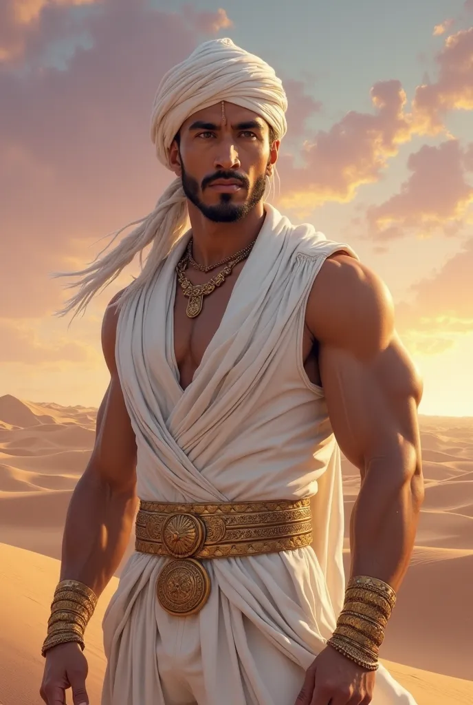 A detailed cover image of Kaliman, the iconic Mexican hero, in a majestic and serene pose. Kaliman is a man with a muscular but elegant build, with slightly tanned skin and a deep and wise look in her clear eyes. He wears his characteristic flawless white ...