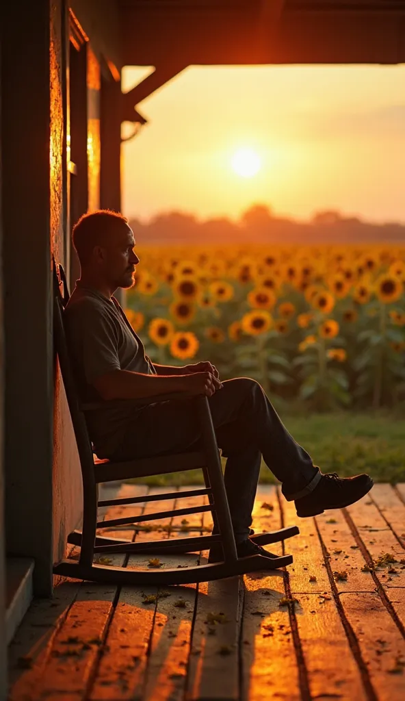 Medium shot of a 30-year-old man sitting in a rocking chair on the porch of a rural house in Goiás, at sunset, camera at a frontal angle, medium depth of field blurring the background, sunflower fields stretching to the horizon, orange sunset light, long s...