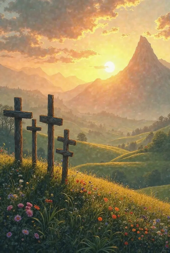 Earth fields, A mountain with 3 crosses, And in the background a setting sun