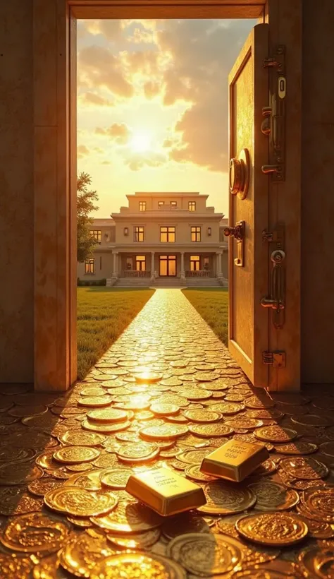 A brilliant golden road leading to a huge modern mansion. Lens In the foreground, an open safe filled with money and gold bars. IN THE SKY, beams of golden light cross the horizon, as if the universe were conspiring for success. 🚀💰🏡
camera: Wide-angle,  ci...