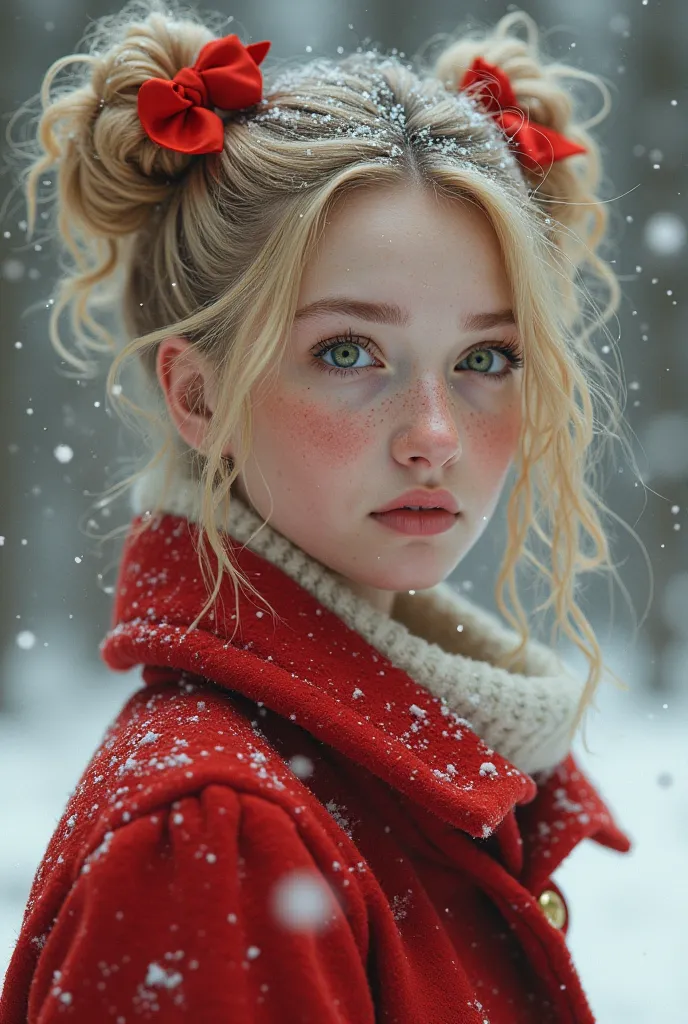  Green-eyed Woman, white skin,  freckles on the face, curly blonde hair tied in two high tails and red bows. wearing a red coat under the snow