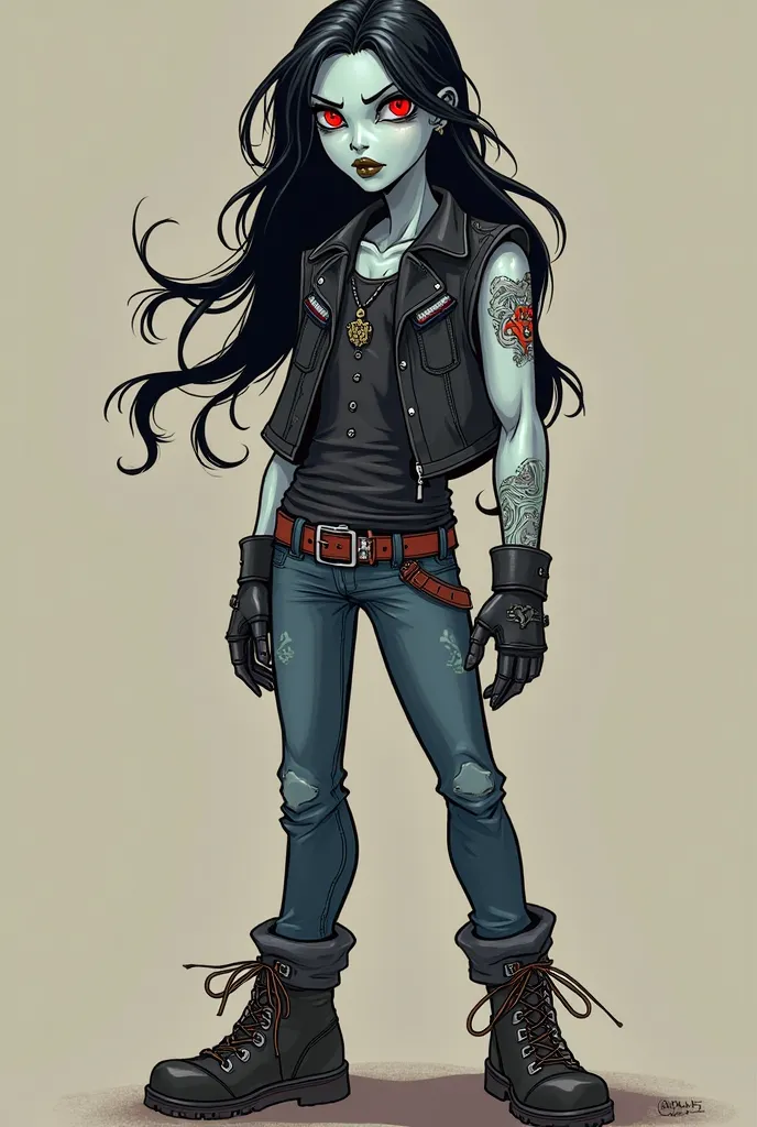 DC Lobo pale white skin Red eyes Long black hair wearing black leather vest blue jeans combat boots  cartoon 