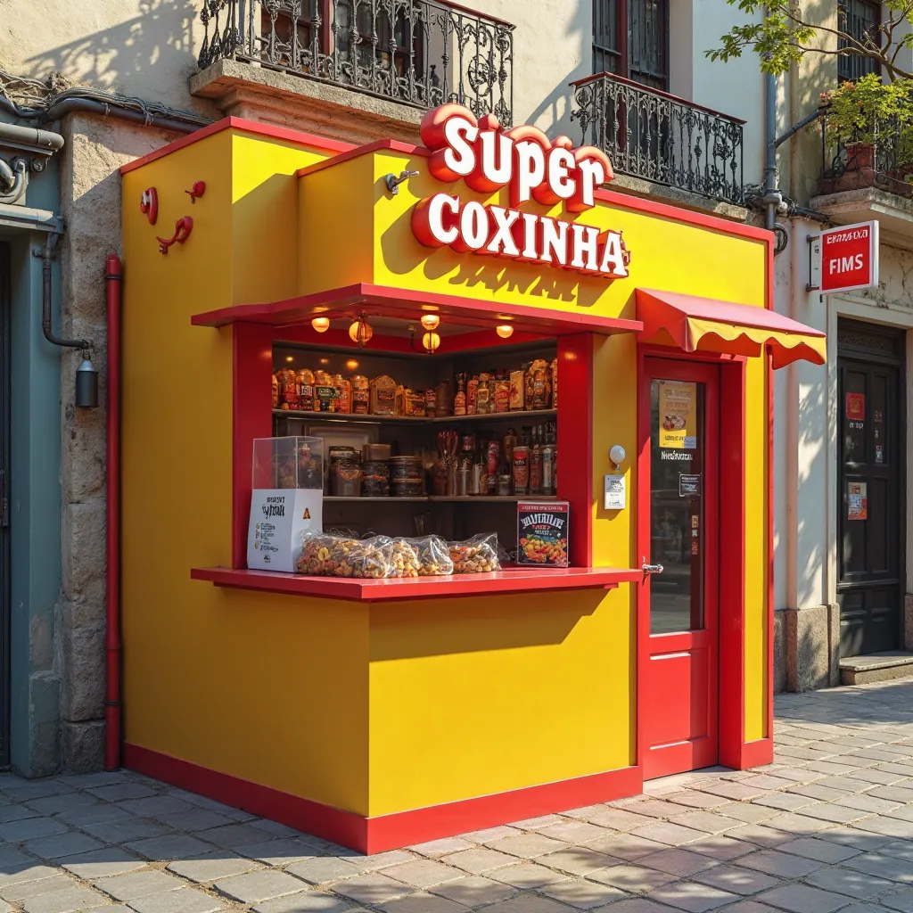 ((RAW photo), porn,(best illustration), ( best shade ), Realistic lighting, detailed and beautiful brightness, KIOSK MEASURING 3 METERS BY 2 METERS WITH MAXIMUM BENCH HEIGHT IN 1,20 meters,  in the color yellow and red, WITH A SUPER COXINHA THEME  (SUPER C...