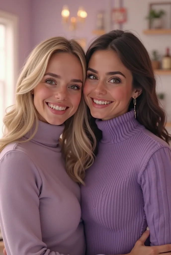 Boy, blonde woman with open hair, purple turtleneck sweater and big smile, arm in arm with her girlfriend, which is less attractive, dark hair, photorealistic portrait painting, 8k, highly detailed,  professional, studio lighting, physically-based renderin...