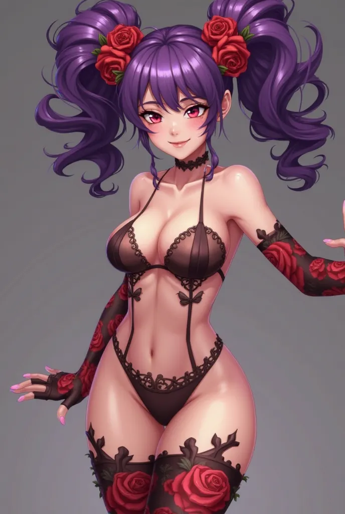 She has a confident and theatrical demeanor, with a playful smirk. Her hair is a striking shade of purple, styled into two curled twin-tails adorned with rose decorations, which enhances her dramatic aesthetic. She wears nothing completely naked.. Her long...