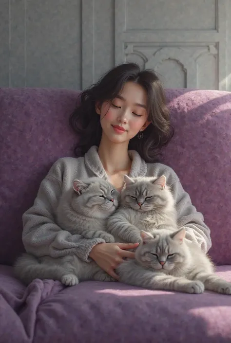 A woman is lying on a purple sofa and gray cats are lying on top of her