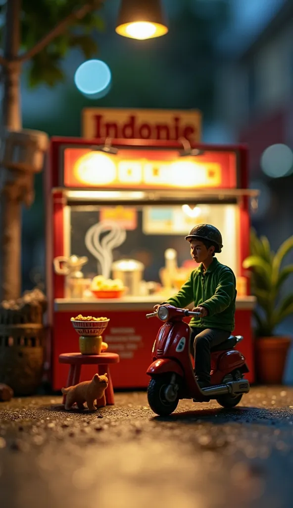 A highly detailed miniature diorama of a nighttime street food scene. A small food stall with a bright "Indomie" sign glows under a street lamp. A tiny steaming bowl of instant noodles with a fried egg sits on a miniature red stool. A motorbike taxi driver...