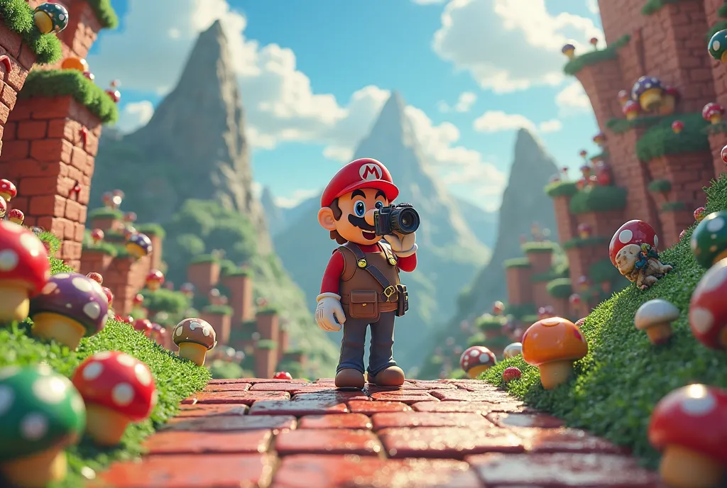 Create an image to take a photo on the front.  she must be  , With the theme of the game Supermario, But no character should appear, with mushrooms, bricks, Mysterious boxes and mountains