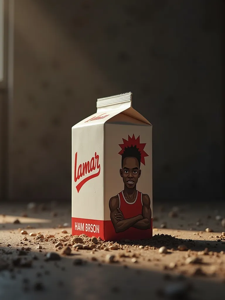 a milk carton with "lamar" written on it, muscular arm on the ground, detailed realistic 4k, photorealistic, hyperrealistic, cinematic lighting, dramatic composition, highly detailed, intricate details, realistic textures, volumetric lighting,moody atmosph...