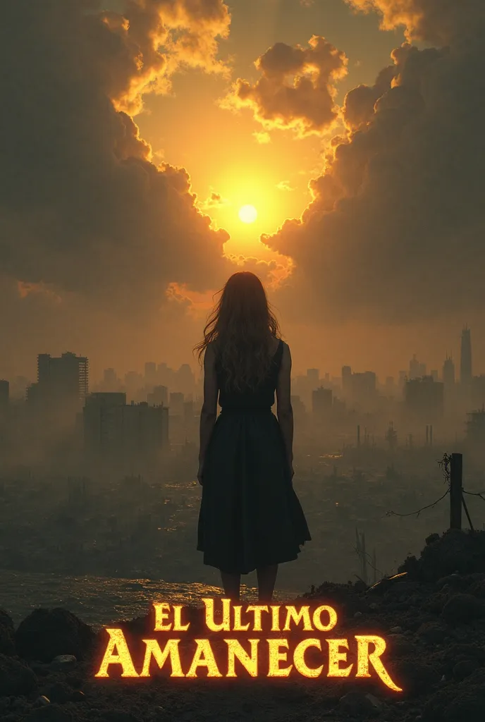 "An epic and melancholic scene of a post-apocalyptic sunrise. A girl dressed in black stands with her back to the viewer, gazing at the horizon where a golden sun rises through dark, stormy clouds. The sky is filled with shades of gold, gray, and black, cr...