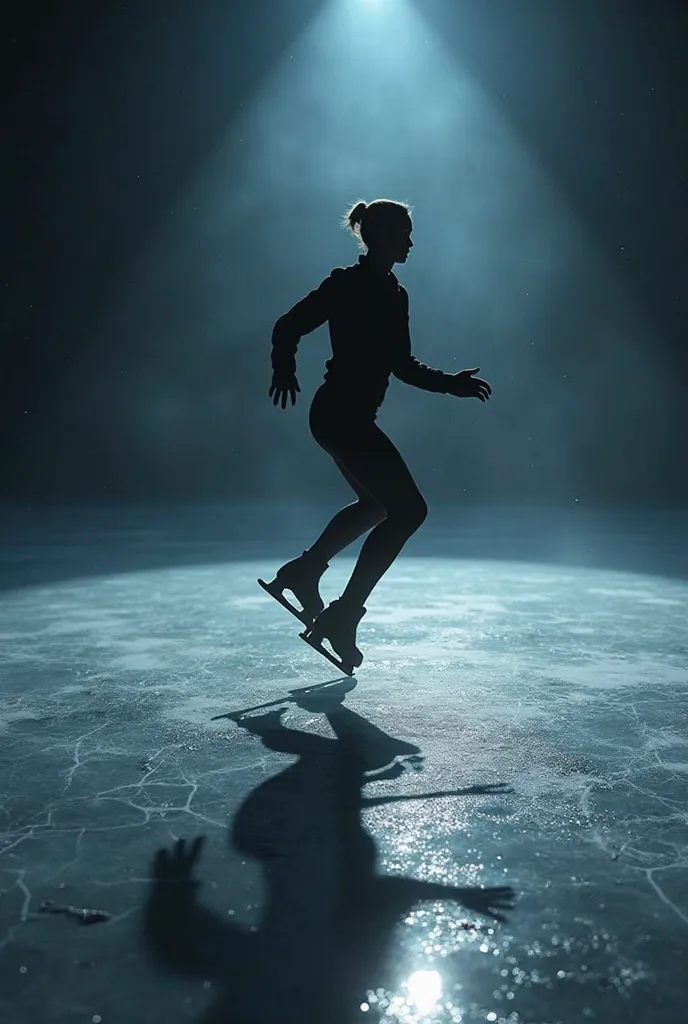 Create an image of an artistic ice skater, But don't reveal your face or your body, Just show your shadow in the dark.