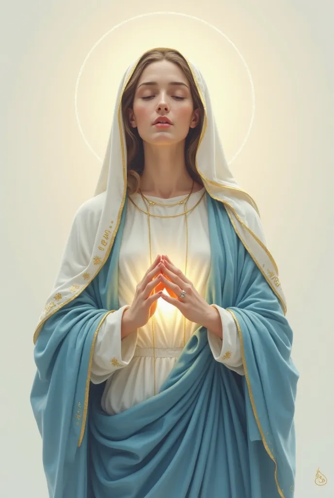 Create a minimalist image of Our Lady with a serene and happy face, dressed in a blue robe and a white veil adorned with gold