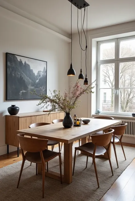 Une salle à manger moderne et élégante avec une grande table en bois clair entourée de chaises design au style minimaliste. Un éclairage suspendu sophistiqué avec des suspensions en métal noir et doré au-dessus de la table. Waxed concrete or white painted ...