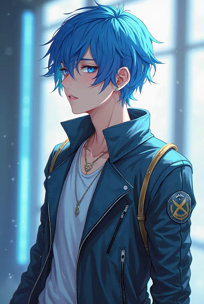 anime character,  GENDER MEN , short blue hair, blue eyes, physically defined, Futuristic outfit, relaxed posture with arms crossed,  smiling