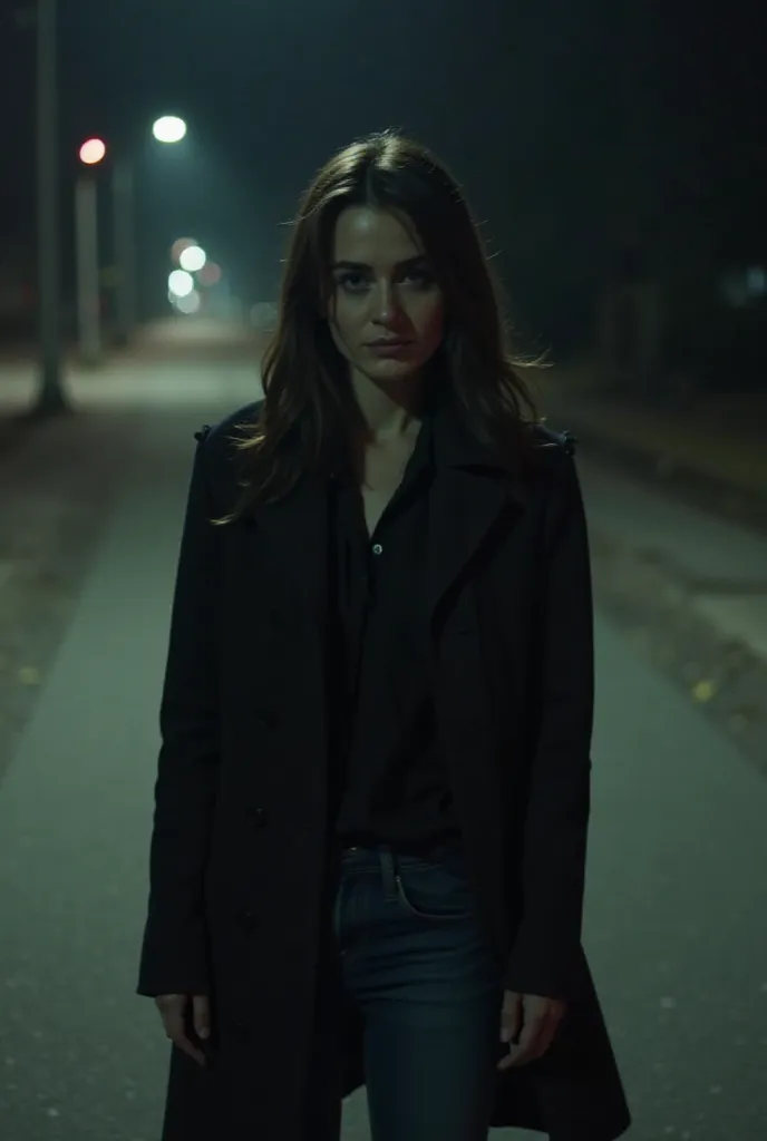 A woman wearing a dark coat and jeans, standing on a dimly lit corner at night. Her face is partially shaded, but a wide and unsettling smile can be seen.  His eyes seem empty , and its posture is strangely stiff. The street in the background is deserted, ...