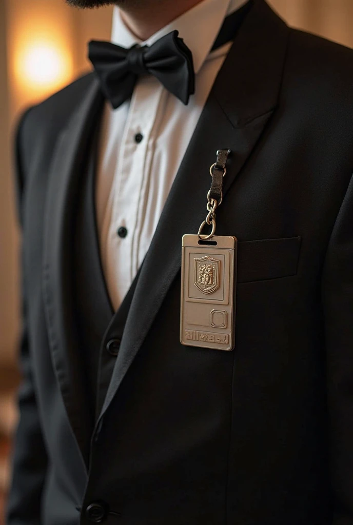 Generate an image of a badge identifying a hotel employee.
The Badge must belong to Luca G. , that plays the role of concierge.
The Badge must be in the foreground, applied to a classic concierge uniform in the background.
The Badge must be of an elongated...